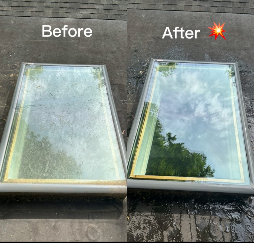 Before and after: skylight cleaning showing dirty glass versus crystal clear reflection